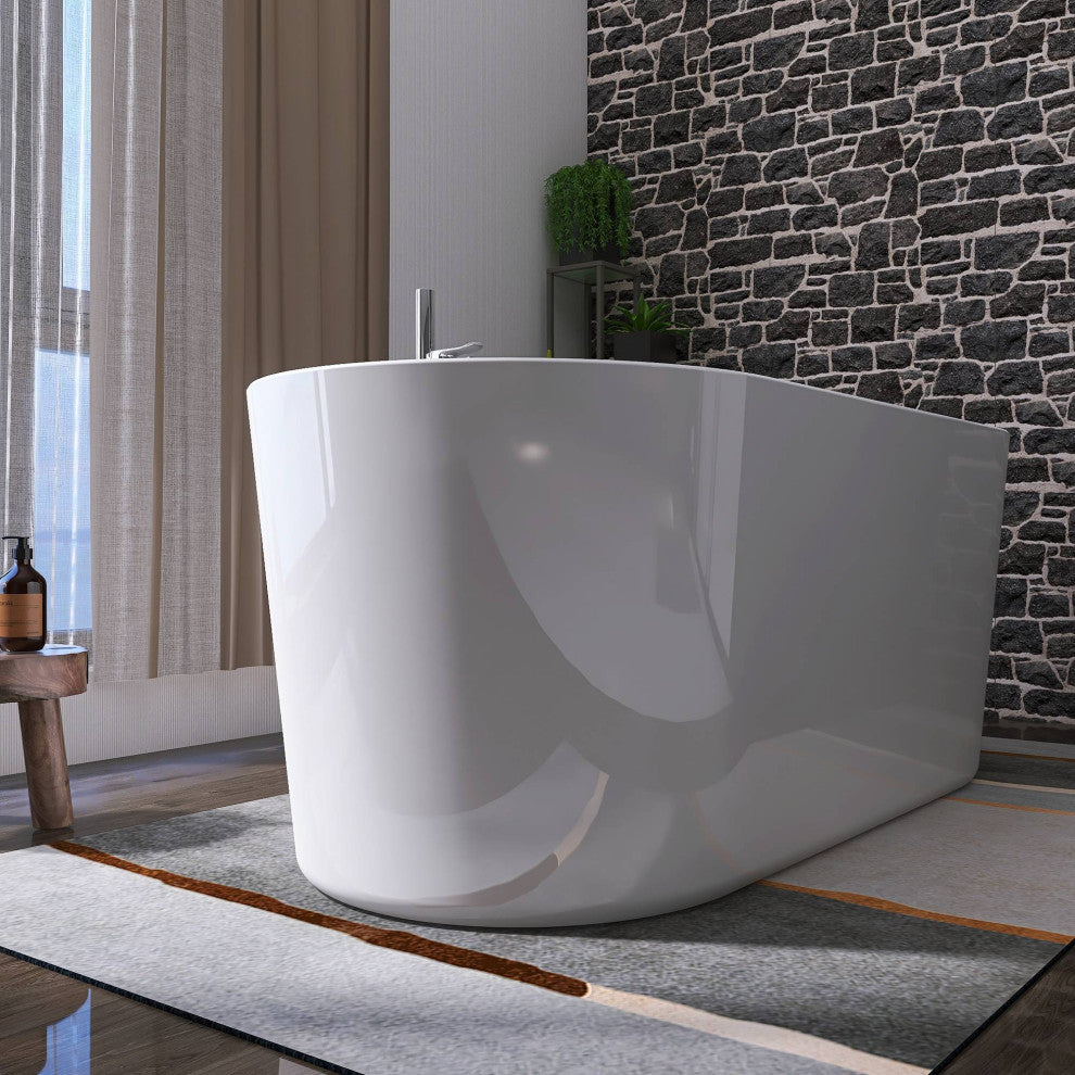 Oval Freestanding Acrylic Soaking Bathtub, Glossy White, 62"x30"