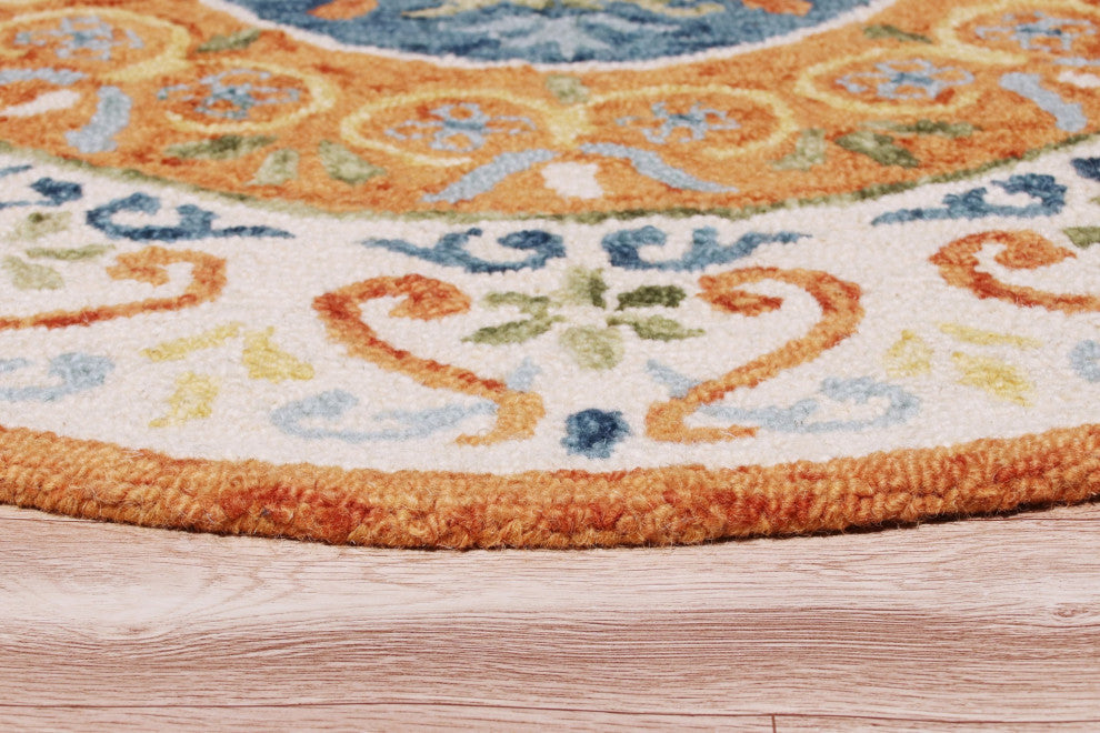 4" Round Orange Traditional Medallion Area Rug