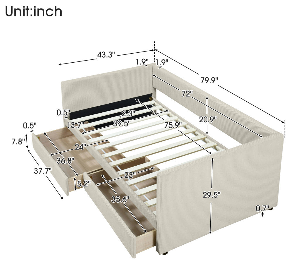 Gewnee Twin Size Corduroy Daybed with Two Drawers and Wood Slat in Beige