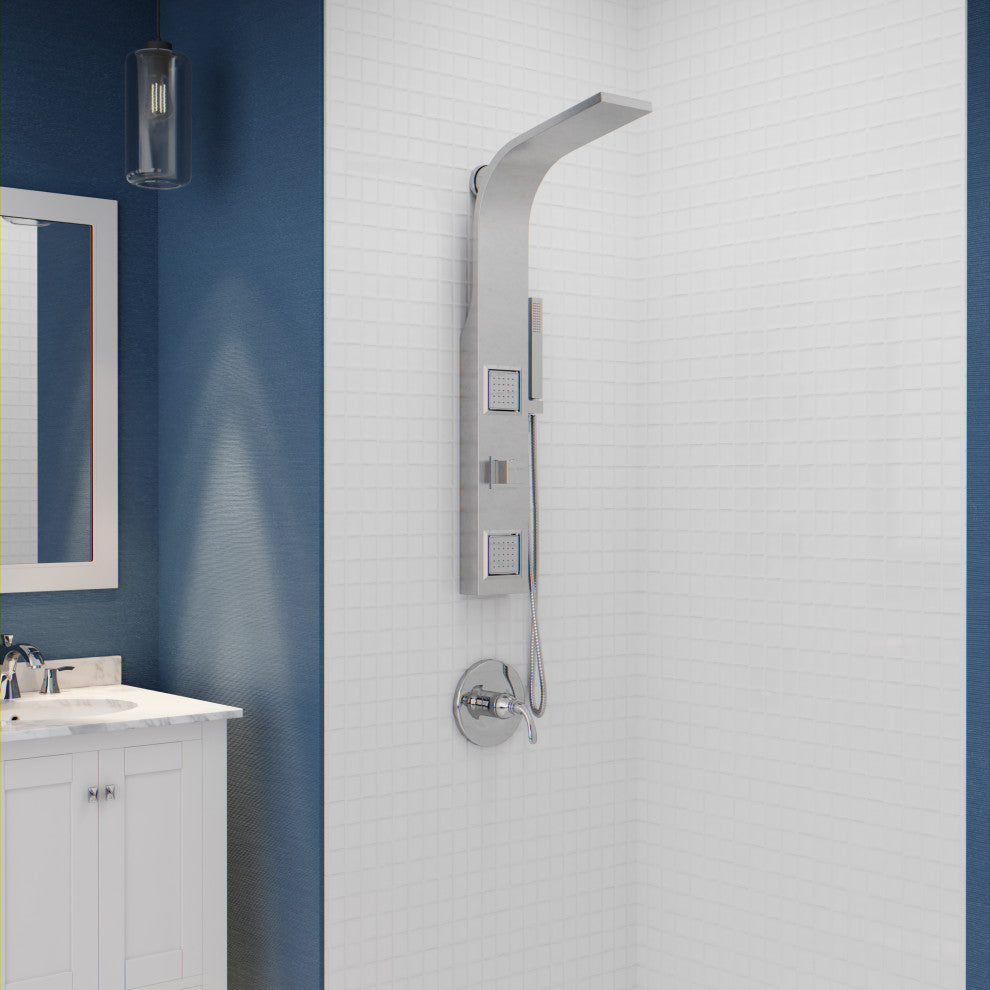 Aura 2-Jetted Shower Panel With Heavy Rain Shower and Spray Wand, Brushed Steel