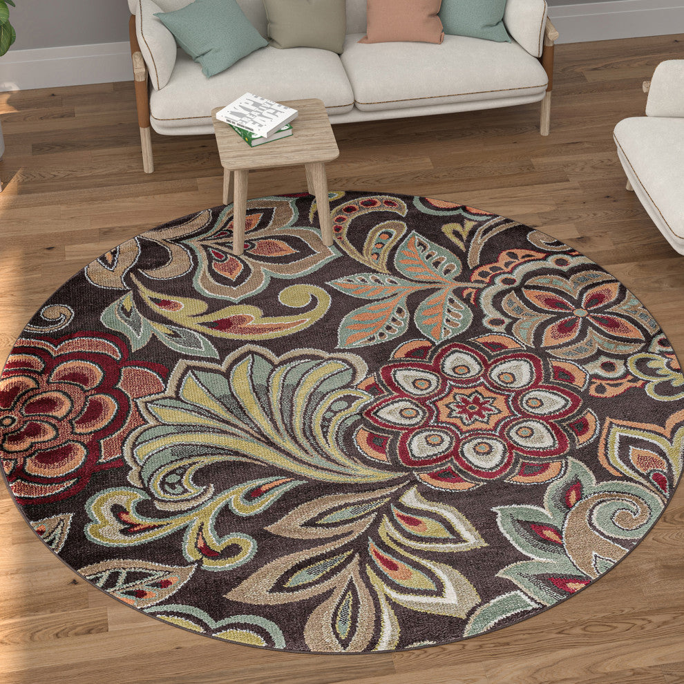 Dilek Transitional Floral Area Rug, Brown, 7'10'' Round