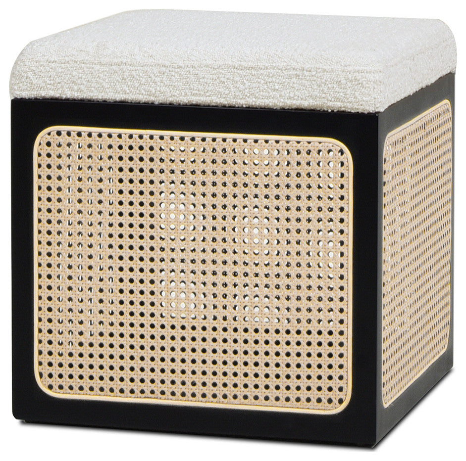 Nina 18" Cane Webbing Cube Ottoman, Ivory White