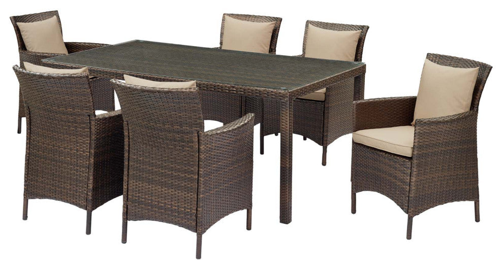 Side Dining Chair and Table Set, Rattan, Wicker, Brown Beige, Modern, Outdoor