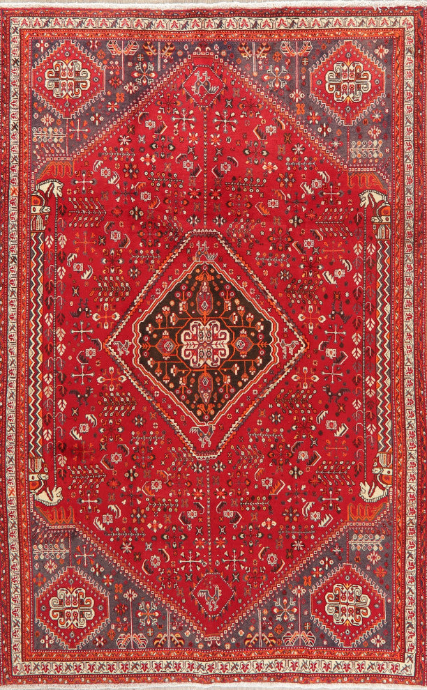 Consigned, Faded Traditional Handmade Vintage-Style Persian Area Rug, Red, 5x8
