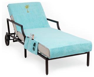 Palm Tree Embroidered Standard Size Chaise Lounge Cover With Side Pockets, Aqua