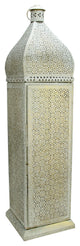 Distressed White and Gold Moroccan Cut-Out Floor Pillar Candle Lantern