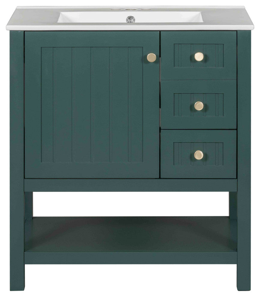 30 Inch Transitional Style Bathroom Vanity Cabinet Combo with Ceramic Sink, Green