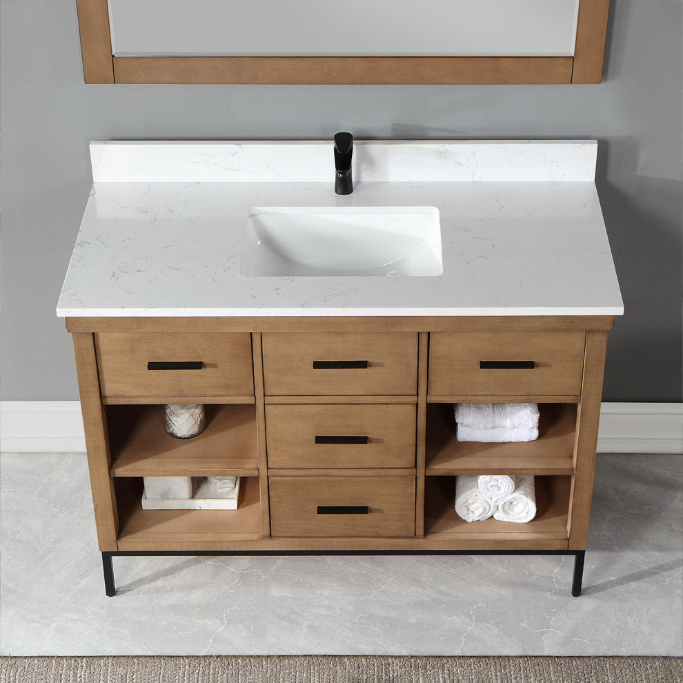 Kesia Brown Pine Bathroom Vanity Set, 48", With Mirror