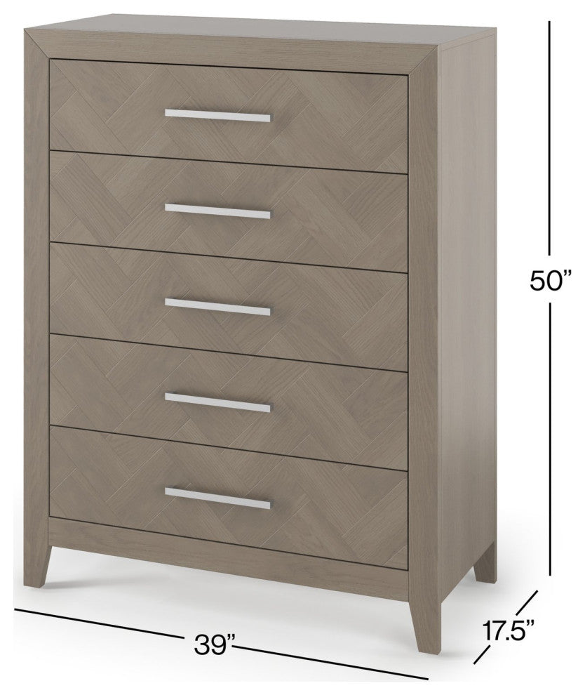 Modern Vertical Dresser, 5 Drawers With Elongated Metal Pulls, Crescent Gray