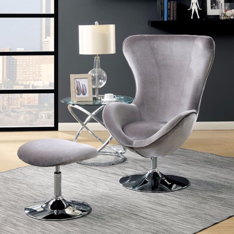 Benzara BM172744 Scooped Design Accent Chair With Ottoman, Gray
