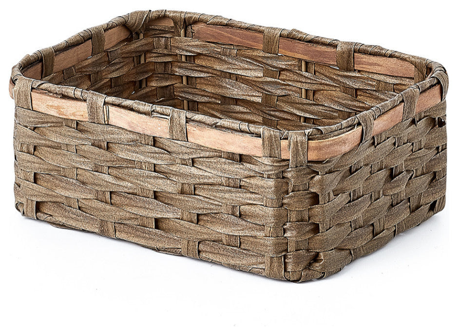 3-Piece Set Rectangle Faux Wicker Storage Baskets with Woodstrip Edge, Tan