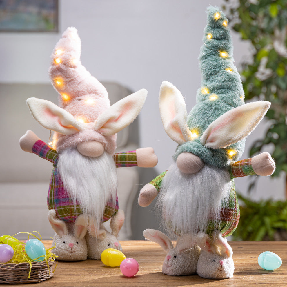 Set of 2, Assorted 17" Battery Operated Fabric Standing Bunny Gnomes