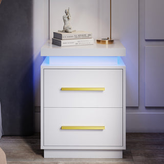 Set of 2 End Tables with RF Remote-Controlled LED Lights, Two Drawers, White