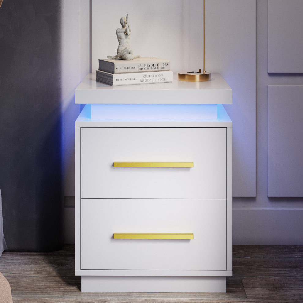 Set of 2 End Tables with RF Remote-Controlled LED Lights, Two Drawers, White