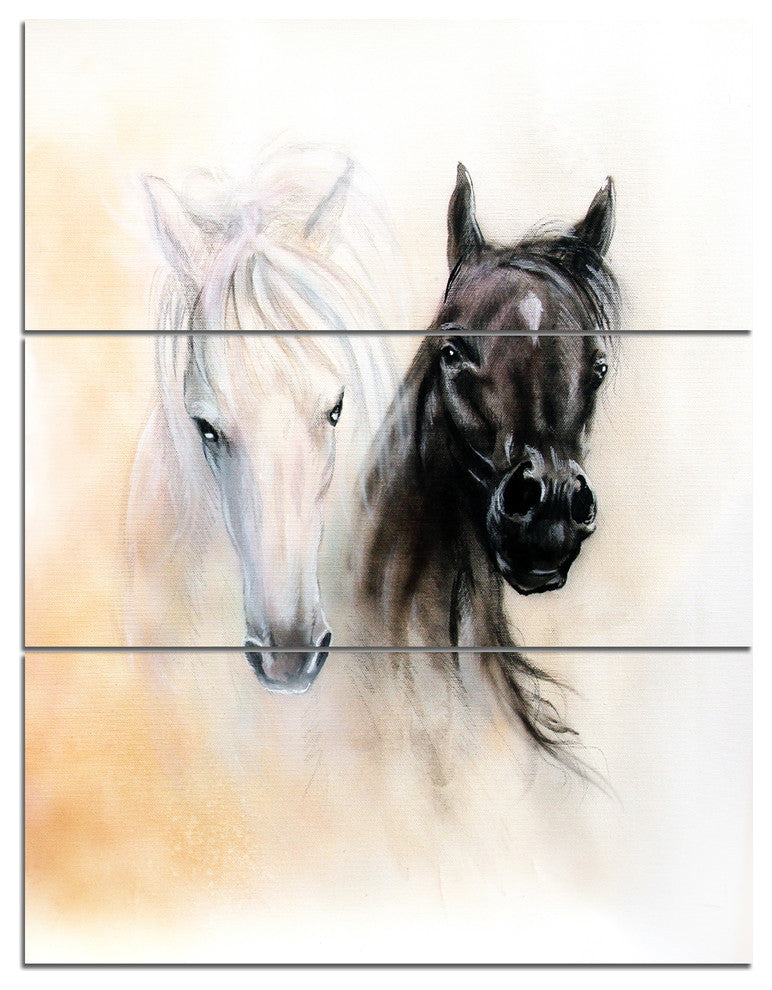 "Black and White Horse Heads" Glossy Metal Wall Art, 3 Panels, 28"x36"
