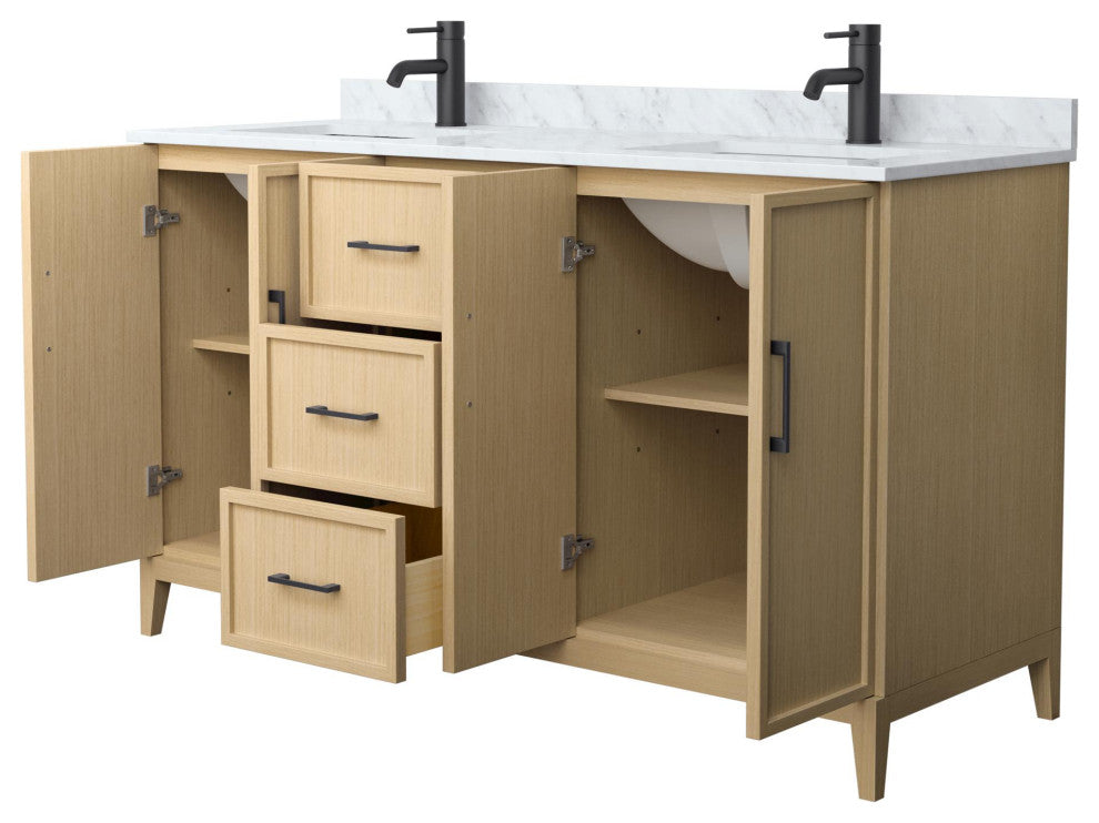 Elan 60" Double Vanity, White Oak, White Carrara Marble Top, Black Trim