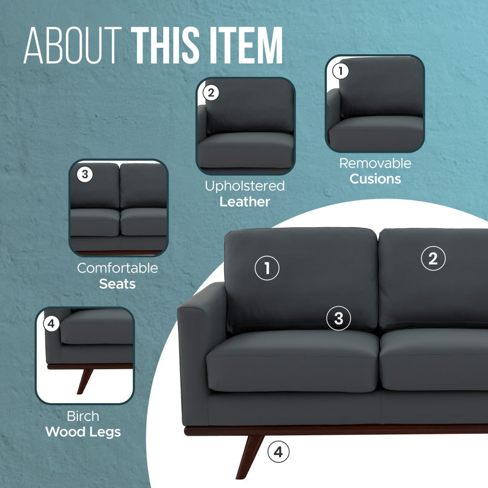 LeisureMod Chester Modern Leather Loveseat With Birch Wood Base, Gray