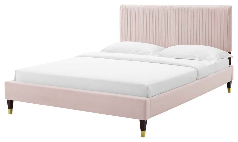 Platform Bed Frame, Queen Size, Velvet, Pink, Modern Contemporary, Bedroom