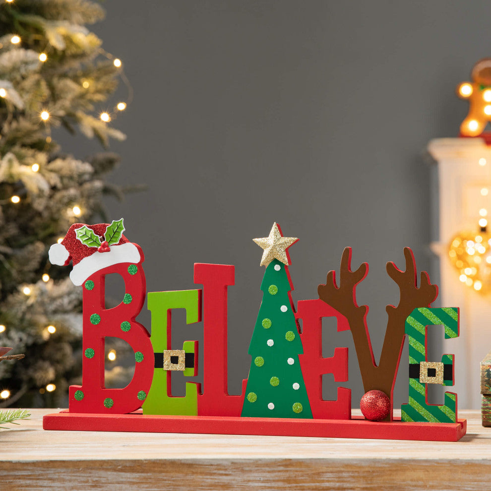 14"L Wooden Christmas "BELIEVE"  Table Decor
