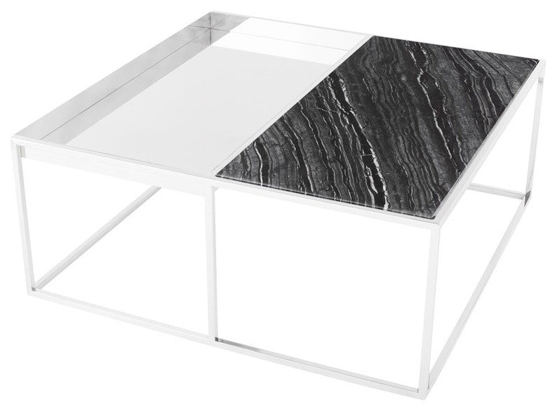Corbett Square Coffee Table, Chrome Coffee Table, Modern Black Marble
