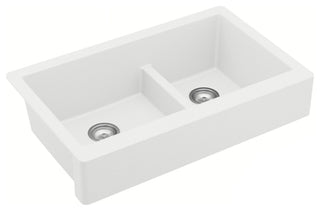 Karran Retrofit Farmhouse Quartz 34" Double Offset Bowl Sink Kit, White