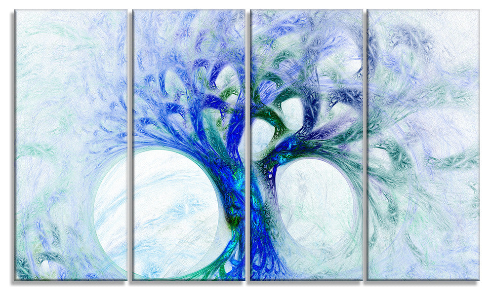 Blue Mystic Psychedelic Tree, Abstract Wall Art Canvas, 48"x28", 4 Panels