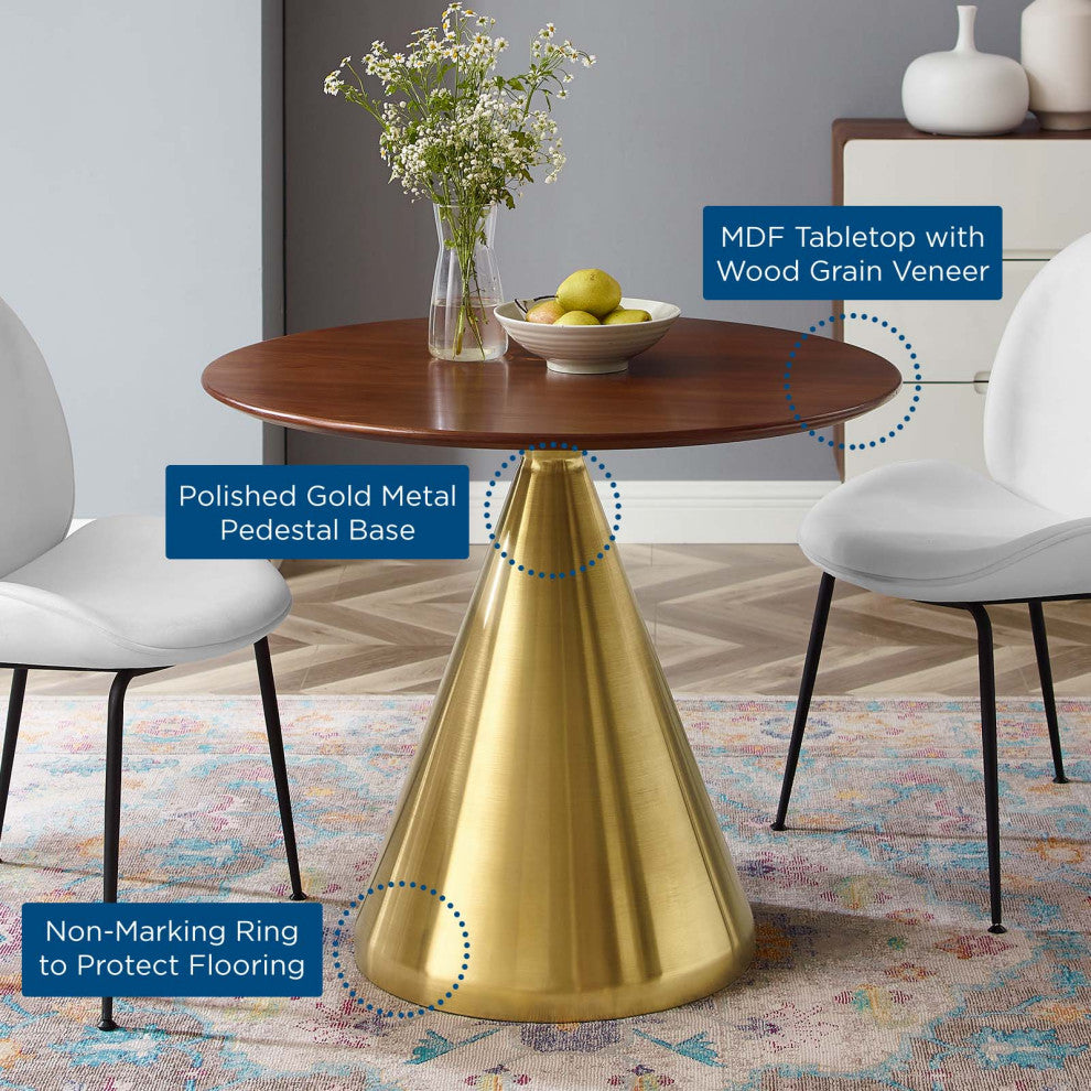 Dining Table, Round, Wood, Metal, Gold Brown Walnut, Modern, Restaurant