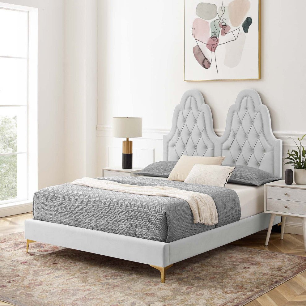 Tufted Platform Bed Frame, King Size, Velvet, Gray, Modern Contemporary