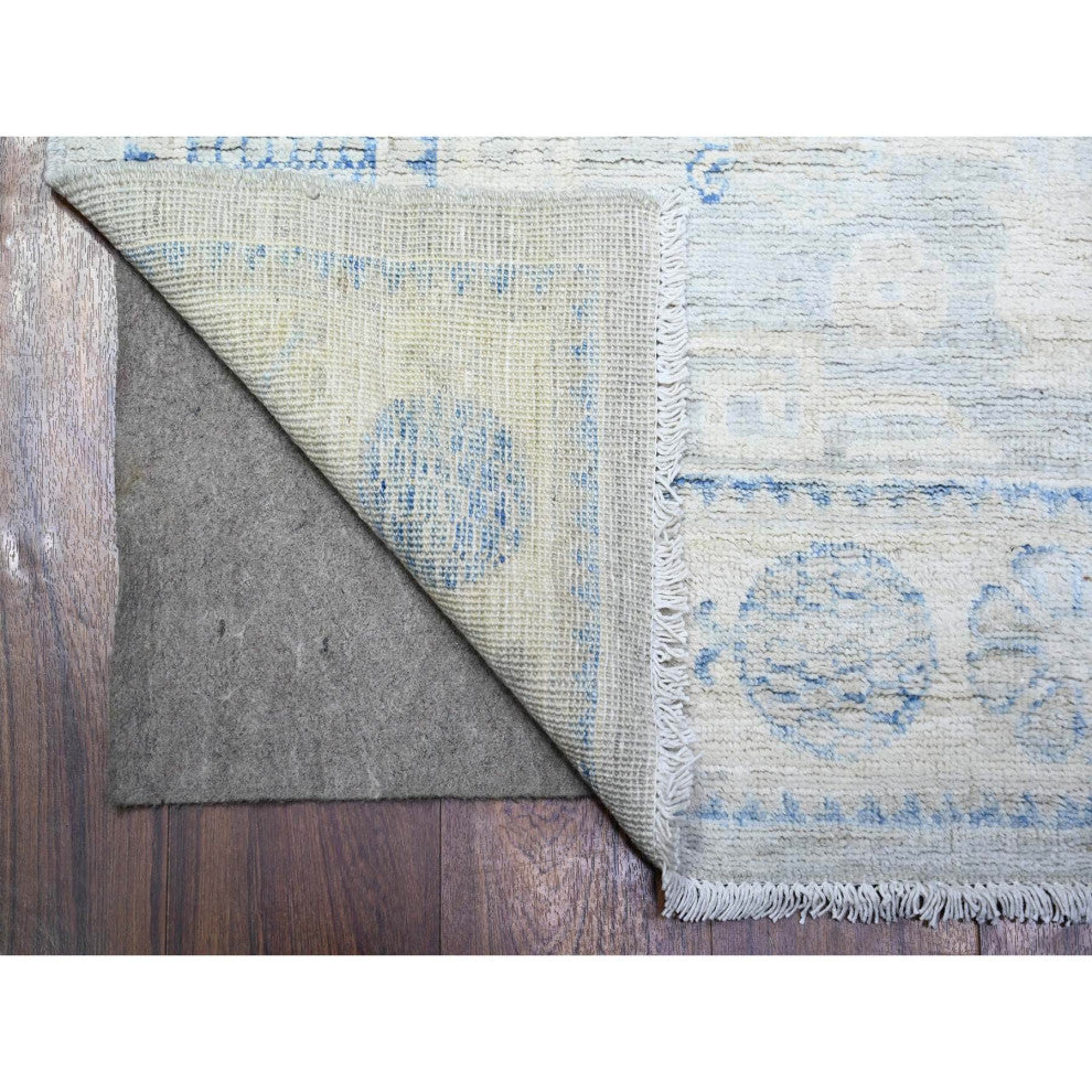 Gray Hand Knotted Washed Out Khotan Pomegranate Wool Runner Rug 3'11"x12'1"
