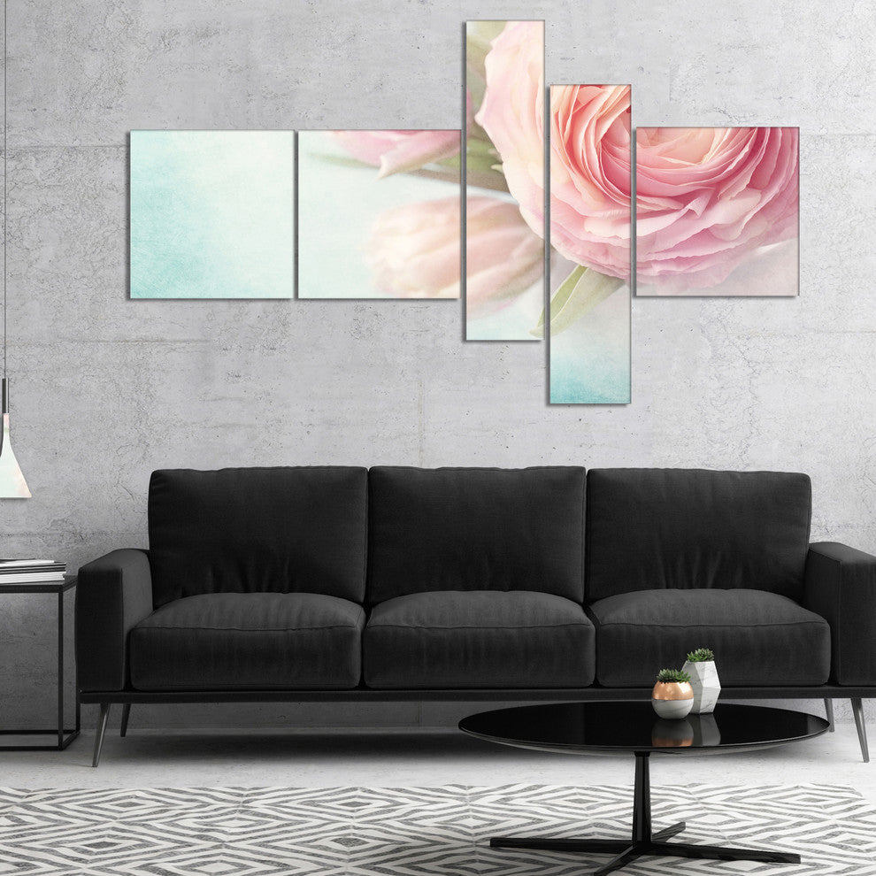 Pink Flowers against Blue Background, Floral Canvas Art Print, 60"x32", 5 panels