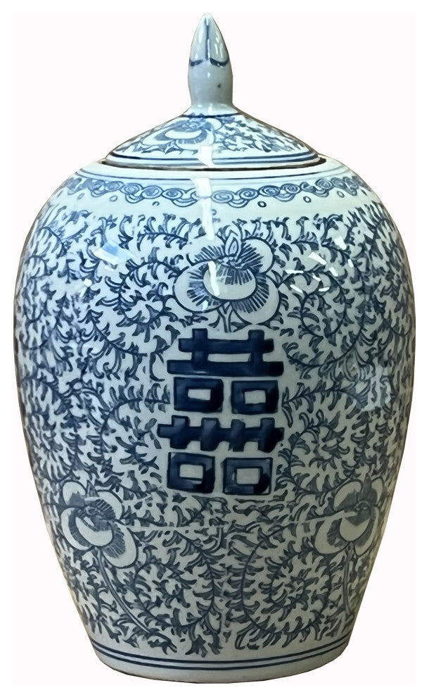Chinese Blue White Floral Double Happiness Graphic Point Lid Jar Hws2566