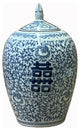 Chinese Blue White Floral Double Happiness Graphic Point Lid Jar Hws2566