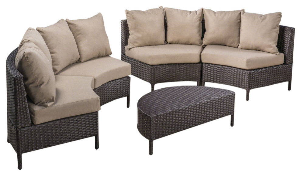 GDF Studio Outdoor 4 Seater Curved Wicker Sectional Sofa Set with Coffee Table