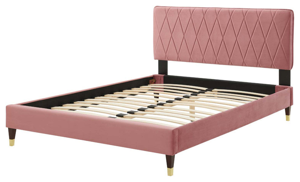Platform Bed Frame, Queen Size, Velvet, Pink, Modern Contemporary, Bedroom