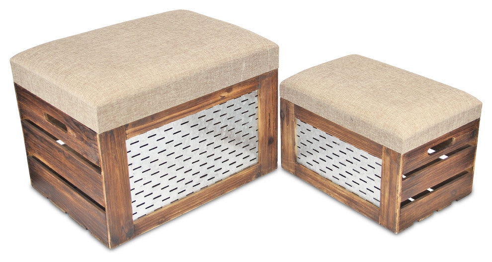 Storage Benches, Brown, Galvanized Olive Bucket, 2-Piece Set