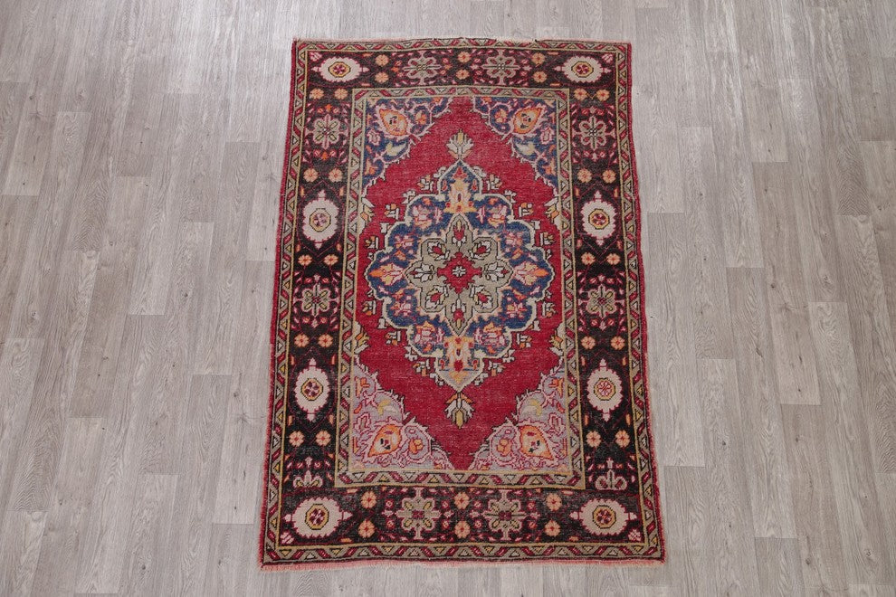 Consigned, Handmade Worn Out Antique Persian Oriental Low Pile Carpet, 7'2"X4'7"