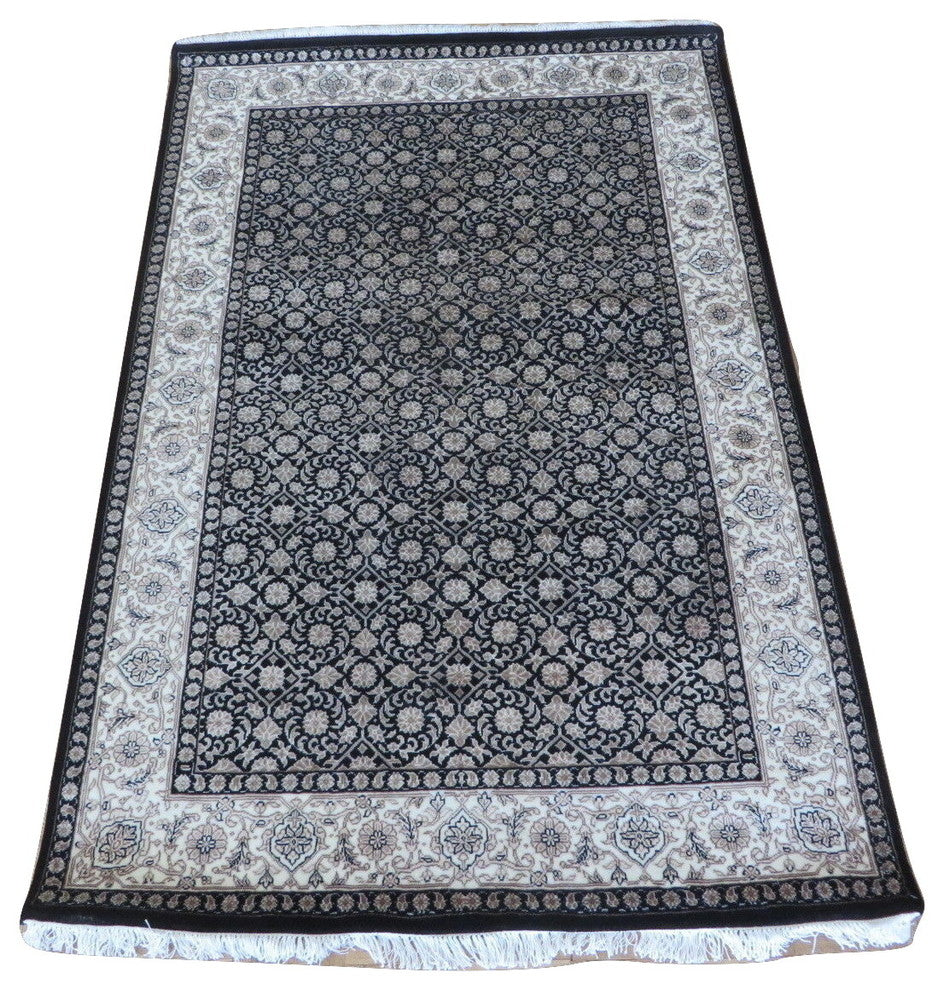 4x6 Handmade Black Fine Herati Tabriz Oriental Rug With Silk