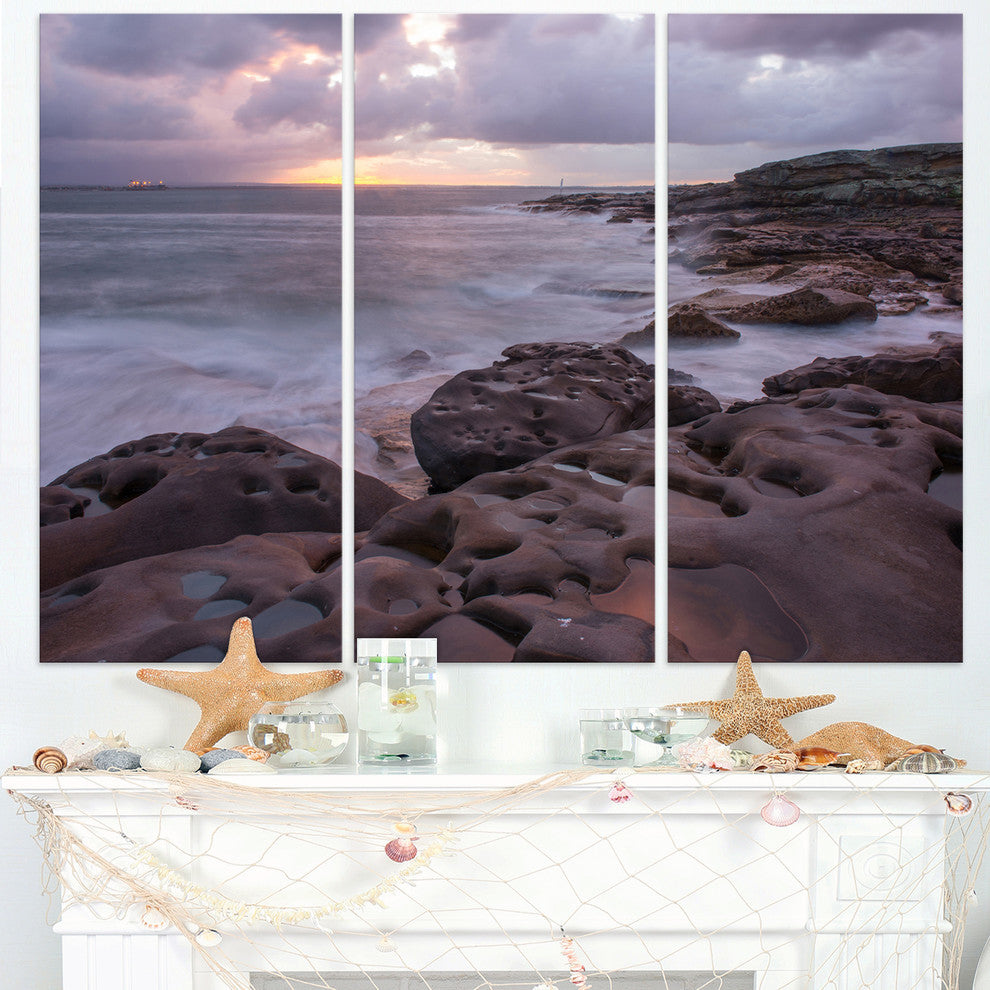 "Dark Australian Seashore With Rocks" Metal Wall Art, 3 Panels, 36"x28"