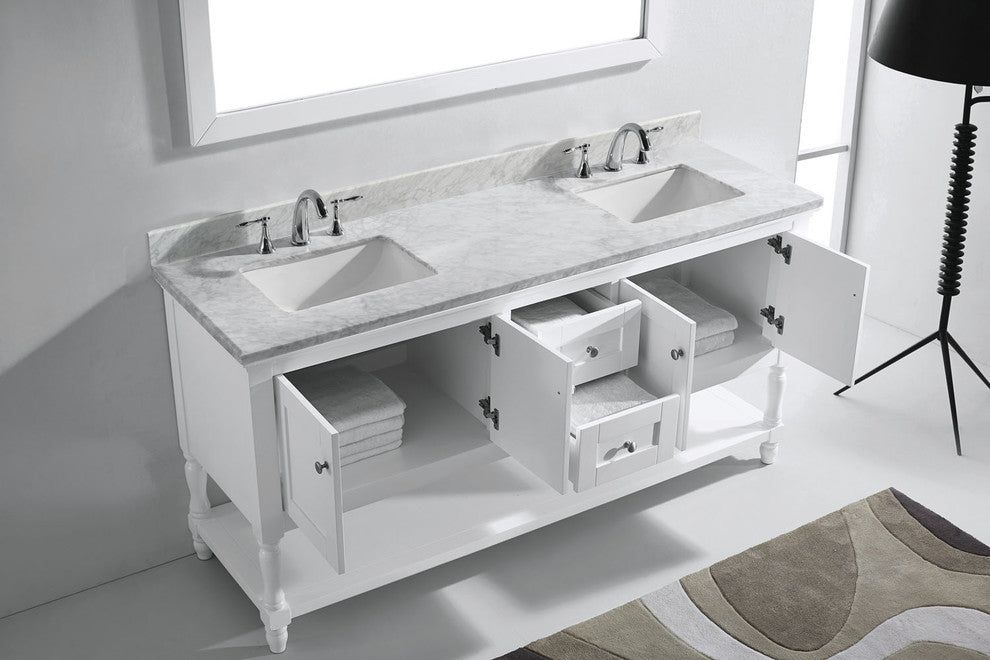 Virtu Julianna 72" Double Bathroom Vanity, White With Faucet and Mirror