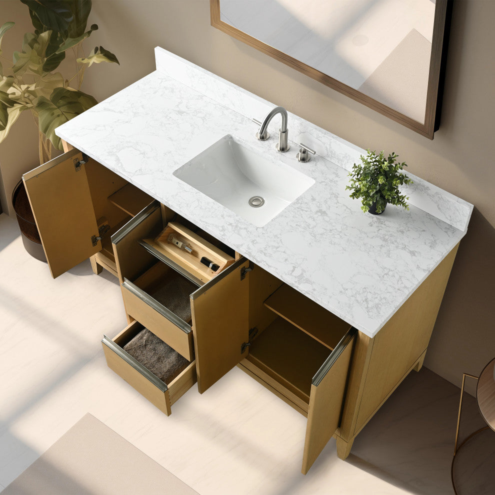 Vanity Art Bathroom Vanity With Sink, Natural Oak, 60" Single