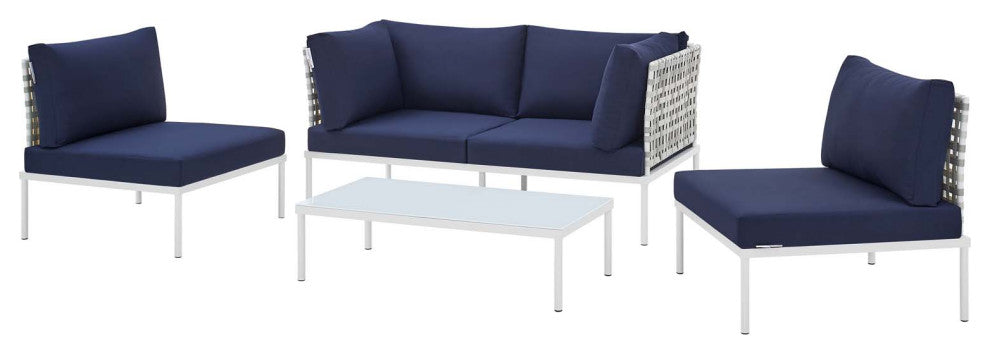 Lounge Sectional Sofa Chair Table Set, Sunbrella, Aluminum, Blue Navy, Outdoor