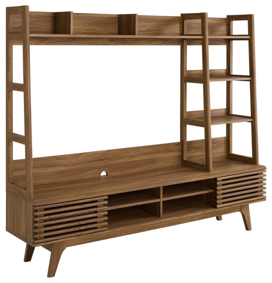 Media TV Stand Console Table, Wood, Brown Walnut, Modern, Lounge Hospitality