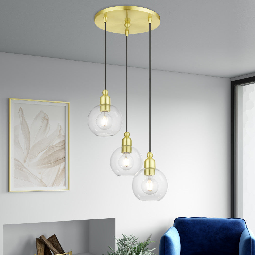 Downtown 3 Light Satin Brass Sphere Multi Pendant