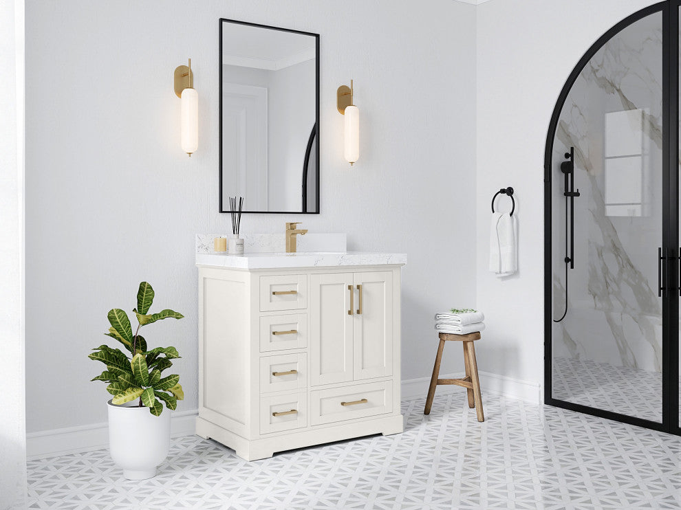 Boston 36" Right Offset Bath Vanity in Alabaster 1.5" Calacatta Laza