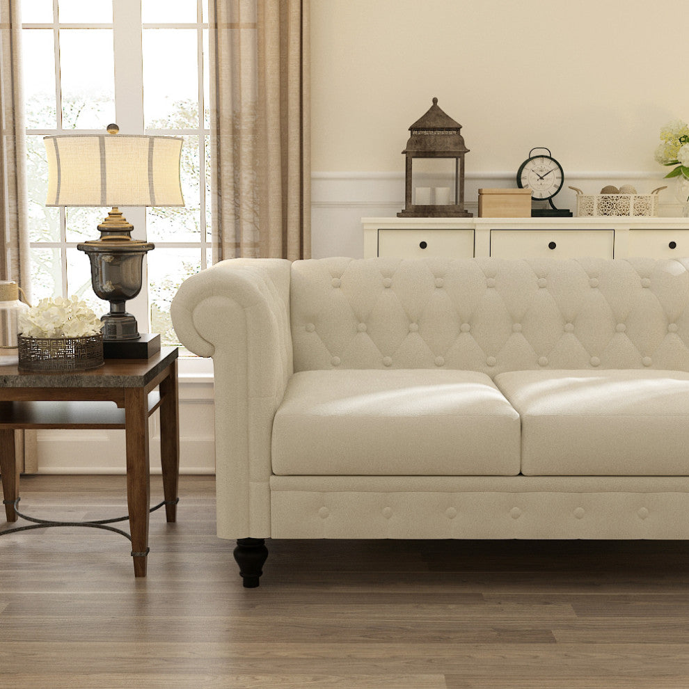 88'' Beige Velvet Rolled Arm Chesterfield Sofa with Black Leg