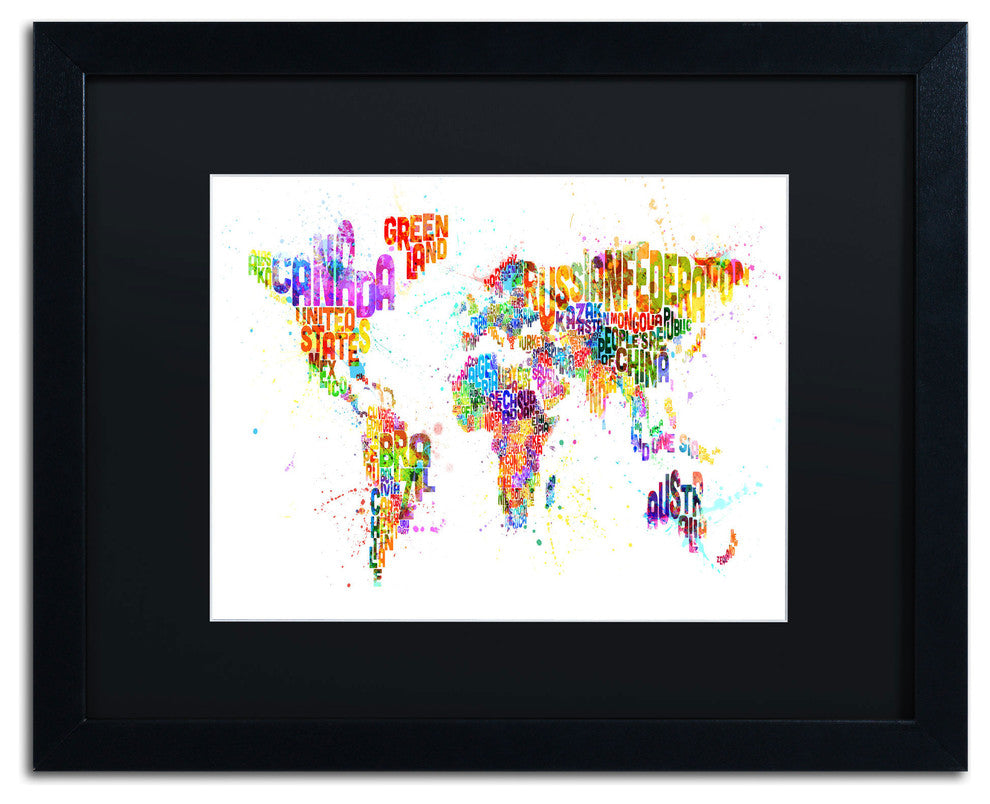 'Paint Splashes Text Map' Matted Framed Canvas Art by Michael Tompsett
