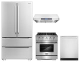 4 Piece, 30" Gas Range 30" Range Hood 24" Dishwasher & Refrigerator