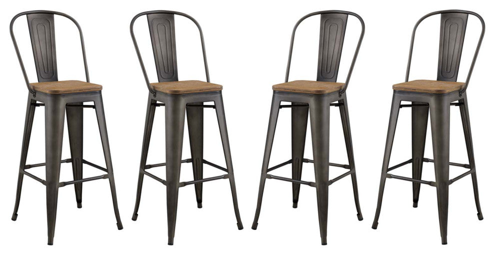 Bar Stool Chair Barstool, Set of 4, Wood, Metal, Brown, Modern, Bar Pub Bistro