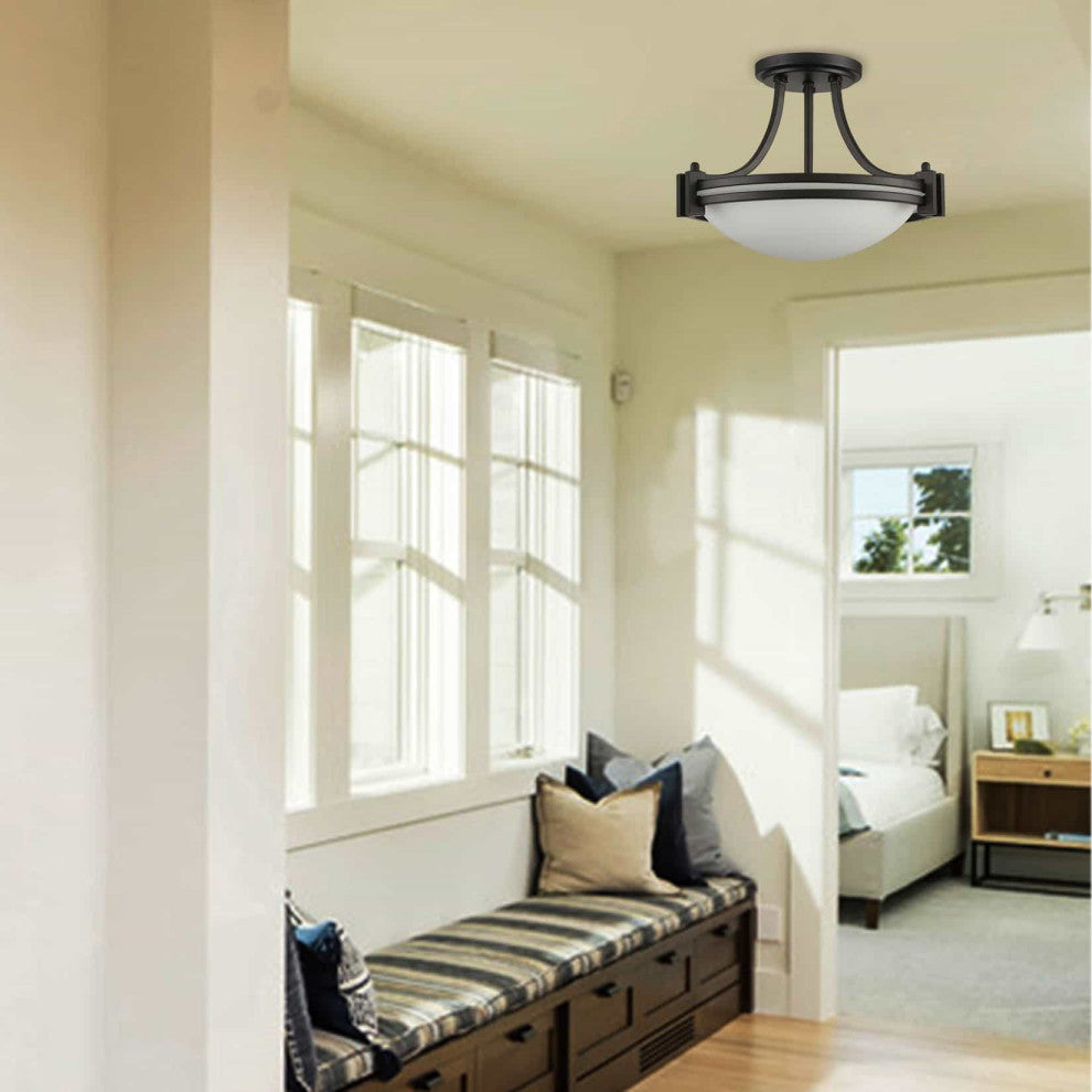 Black Semi Flush Mount Ceiling Light With Milk Glass