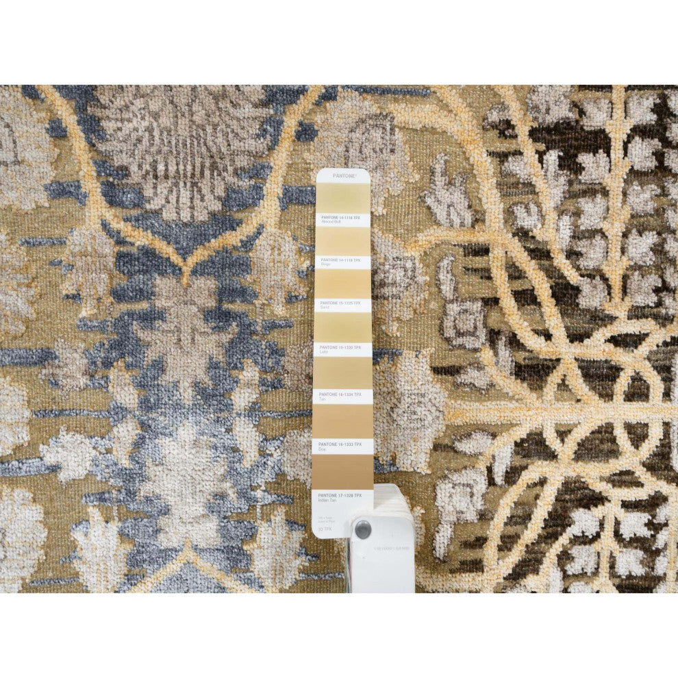 Honey Brown, Silk With Textured Wool, Hand Knotted, Oriental Rug, 9'2" x 12'0"